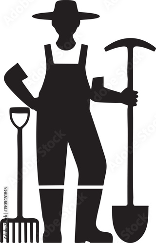 Farmer in overalls and hat with farming tools shovel rake and pickaxe icon silhouette