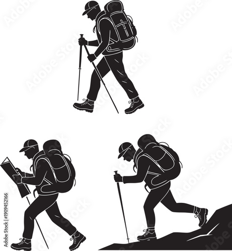 Hiker with backpack and poles trekking mountains, map reading, climbing uphill, outdoor adventure, exploration
