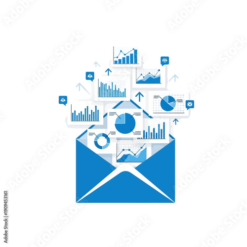 Digital business analytics and financial growth data insights delivered through email, illustrating marketing campaign performance and strategic communication reports