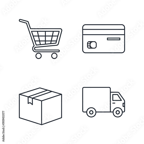 Flat vector outline icons for e-commerce shopping cart, credit card, package, and delivery truck. Represents online retail, secure payment, and logistics
