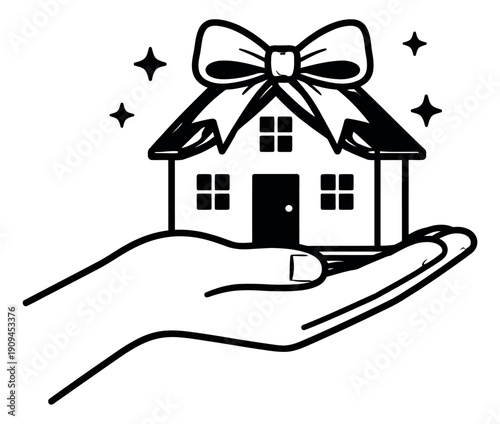 Hand drawn line art illustration of a house depicting a gift held in a hand for real estate concept