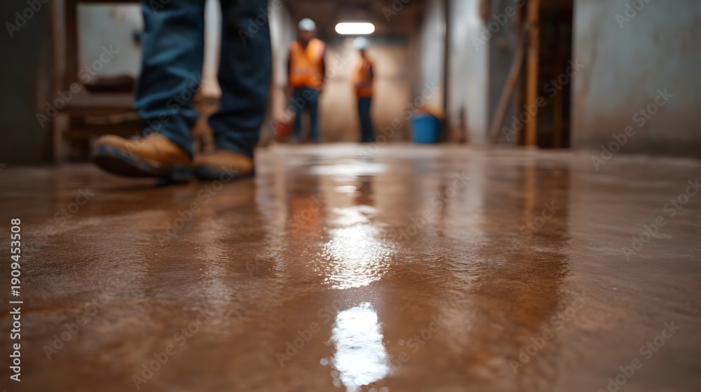 Obraz premium Shiny wet concrete floor in an industrial setting with blurred construction workers wearing safety vests in the background