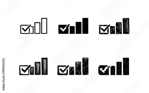 Collection of bar chart icons with checkmarks indicating progress or completion