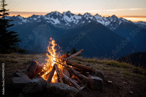 Campfire at dusk with mountain peaks behind warm glow in the evening sky Generative AI