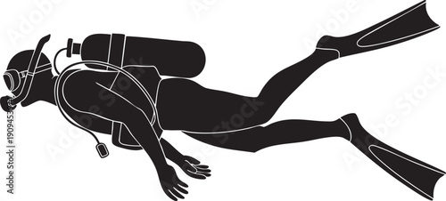 Scuba diver silhouette vector illustration underwater swimming isolated on transparent checkered background