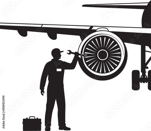 Airplane mechanic silhouette fixing jet engine with wrench, aircraft maintenance, aviation service, travel industry symbol