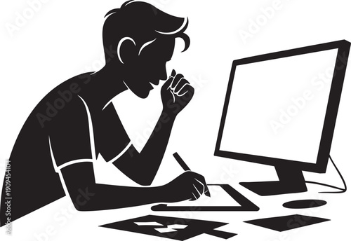 Silhouette of designer at computer with graphic tablet, digital art creation, creative professional, technology at work