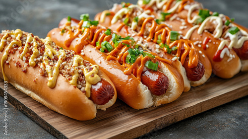 Hot dogs with various toppings displayed on a wooden board Generative AI