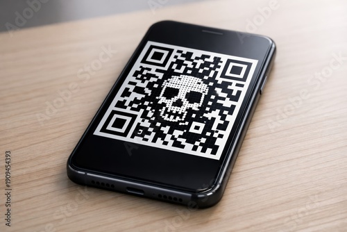 Dangerous QR Code Featuring Skull Icon on Smartphone Screen Representing Mobile Security Risks and Malware