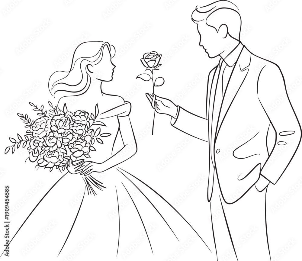 Φωτογραφία Man offering single red rose to woman in elegant dress holding large bouquet, li
