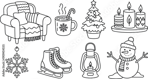 Hand drawn cozy winter home elements including armchair cocoa candles snowman skates lantern and christmas tree outline illustration set