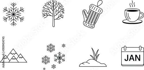 Hand drawn January winter icons including snowflake bare tree mitten hot drink mountains snowfall grass and calendar outline illustration set