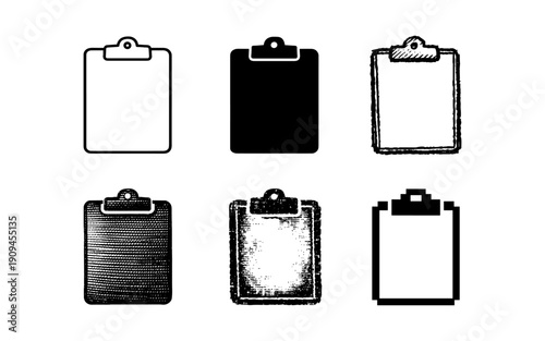 Collection of diverse clipboard icons in various artistic styles and formats