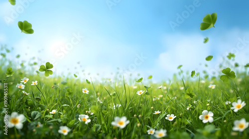 Beautiful four leaf clover field creating good atmosphere and positive energy for luck on sunny spring day featuring floating green foliage above meadow flowers against blue sky