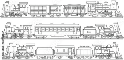 Three black and white line trains with different carriages locomotive steam engine freight car