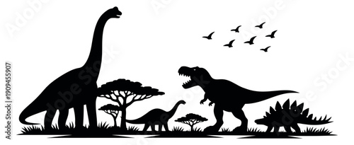 Black silhouette dinosaur set featuring tyrannosaurus rex, brachiosaurus, and stegosaurus in a prehistoric landscape for educational designs