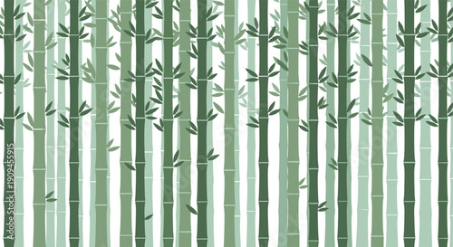 Minimalist pattern of green bamboo stalks of varying shades creating a dense forest effect on white background.