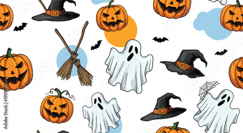 Halloween themed seamless pattern with carved pumpkins, spooky ghosts, witch hats, and broomsticks for holiday.