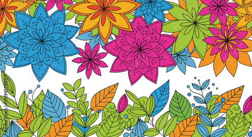 Brightly colored floral composition with large layered flowers and a border of green and orange leaf patterns.