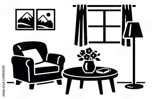 Modern graphic illustration of a cozy living room depicting furniture and decor for home interior design