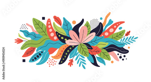 Modern abstract floral arrangement with stylized colorful leaves and a central pink flower on white background.