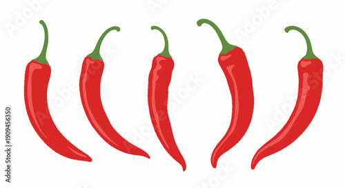 Illustration of Five Vibrant Red Chili Peppers with Green Stems on White Background.