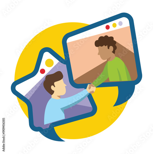 Online communication concept illustration. Scene of two men shaking hands through digital screens symbolizing virtual meeting, partnership and remote collaboration. Vector illustration.