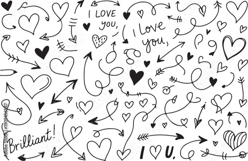 Hearts and arrows doodles with love messages and hand drawn text for romantic graphic designs