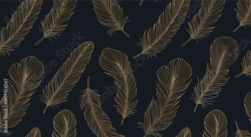 Luxurious seamless pattern of golden hand drawn feathers with fine line details scattered on a dark blue background for elegant designs.