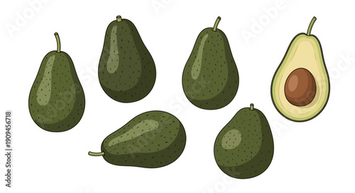 Collection of Fresh Green Avocados with One Sliced Open Revealing the Pit.