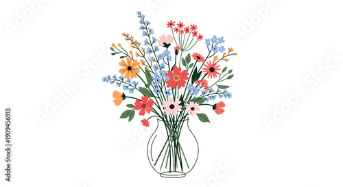 Vibrant bouquet of diverse wildflowers and green leaves in a simple glass vase isolated on a clean white background for interior decor.