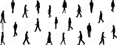 Large collection of black silhouettes featuring diverse people walking and standing in various side profiles isolated on white background for architectural visualization and urban design