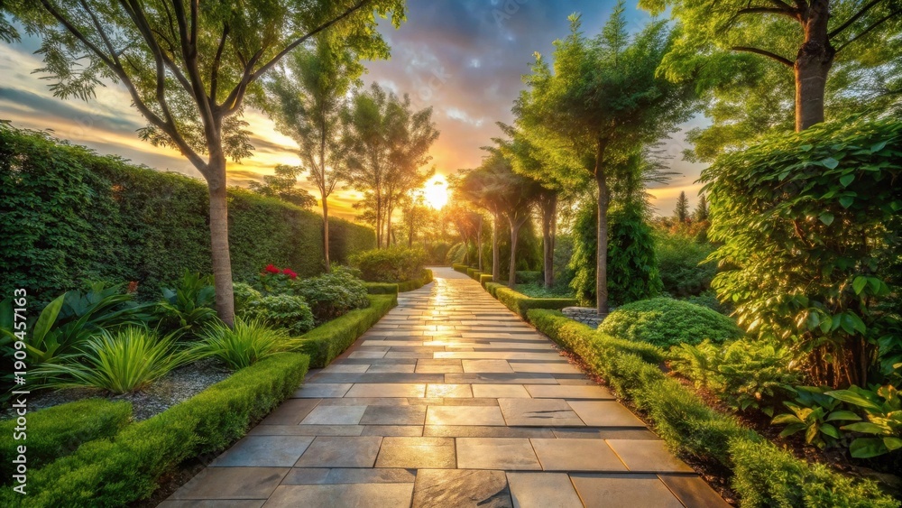 Fototapeta premium Serene Sunset Stroll Through a Lush Garden Path with Vibrant Greenery and Golden Hour Light