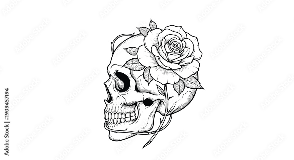 Obraz premium Dramatic black and white line art illustration of a human skull entwined with a beautiful blooming rose for gothic and artistic design.