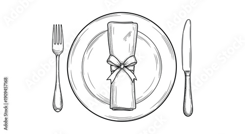 Formal table setting sketch with a ceramic plate, fork, knife, and a napkin tied with a ribbon bow for catering and event design.
