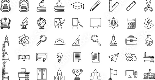 Hand-Drawn Doodle Line Art School and Education Icons Set. Contains Classroom Supplies, Learning Tools, Science, Math, Art, Backpacks, Books, and Student Objects.