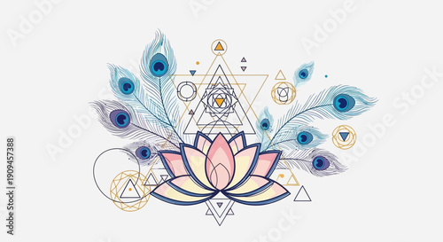Lotus flower surrounded by sacred symbols and peacock feathers in mystical illustration