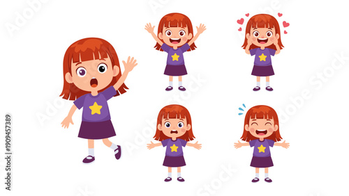A collection of cartoon illustrations depicts a young red haired girl expressing various joyful and surprised emotions in different poses high quality professional detailed modern