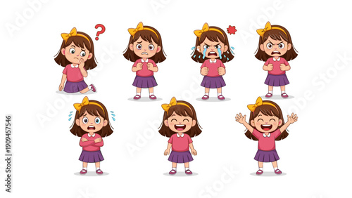 A collection of cartoon illustrations depicting a young girl experiencing and expressing a diverse range of human emotions and facial expressions high quality professional detailed
