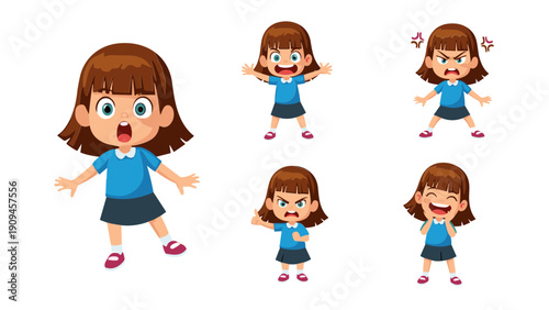 This illustration depicts a young girl showcasing a range of emotions including happiness anger surprise and frustration in a cartoon style high quality professional detailed