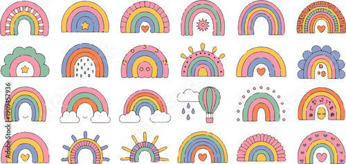 Boho rainbow collection with pastel colors hearts stars clouds and hot air balloon elements for baby showers and nursery decor