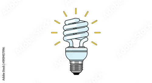 Energy saving spiral light bulb illustration with glowing yellow rays signifying efficiency and bright ideas on a minimalist white backdrop.