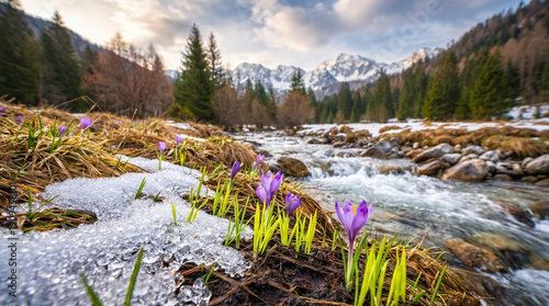 Wild purple crocuses calmly blooming amidst thawing snow patches beside rapid mountain stream under peak backdrop