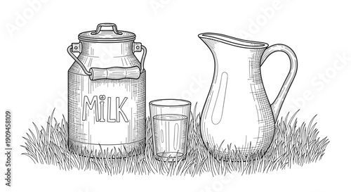 Rural still life illustration showing a vintage metal milk can, a pitcher, and a glass of fresh milk sitting nestled in lush green grass.