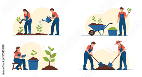 Diverse collection of gardeners performing various tasks like watering plants, digging soil, and transporting seedlings in a wheelbarrow.