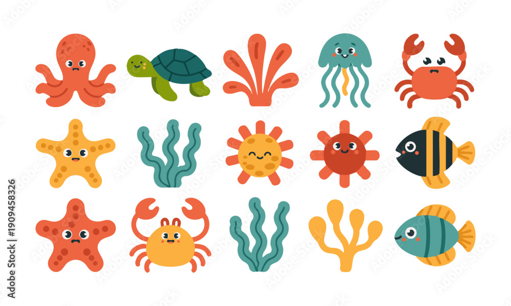 Fototapeta premium Cute pastel underwater sea creatures flat vector illustration, easily editable.