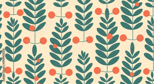 Modern pattern featuring stylized green leafy branches and round orange berries arranged in a structured repeating vertical layout on cream.