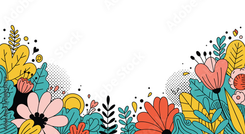 Stylish floral border at the bottom edge featuring modern colorful flowers and leaves with halftone dot patterns on a clean white background.