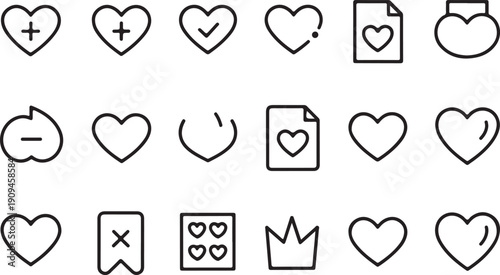Set of outline heart icons and symbols for social media likes, love, and user interface elements, isolated on a transparent background