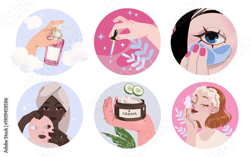 Collection of flat vector illustrations of women actively enjoying their skincare routine at home. Face cleansing and moisturizing steps, isolated on a white background.